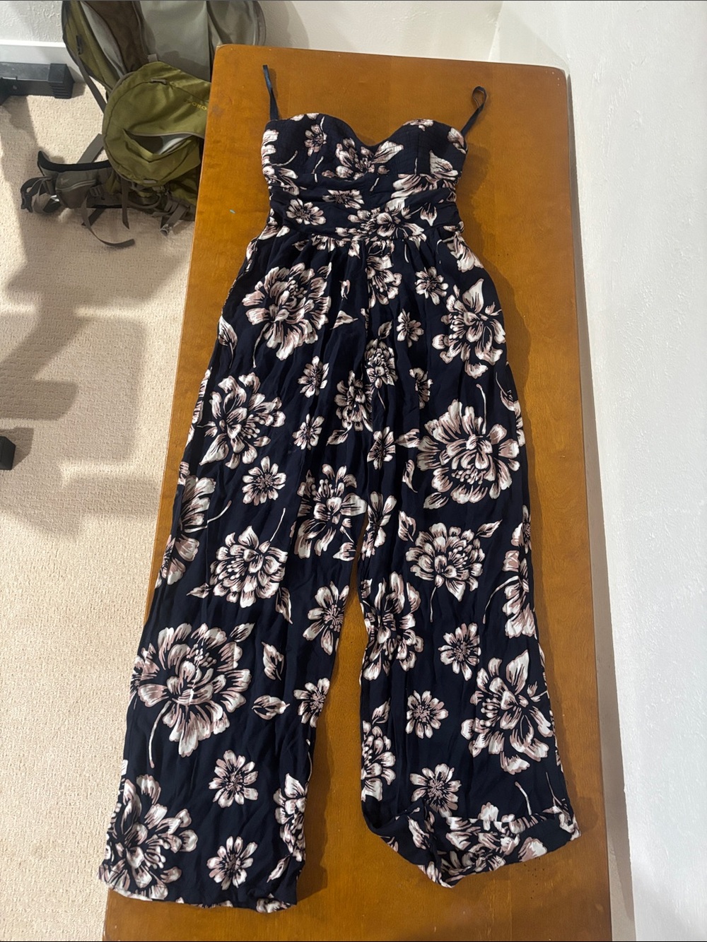 Strapless Floral Wide-Leg Jumpsuit in Black with Cream Flowers